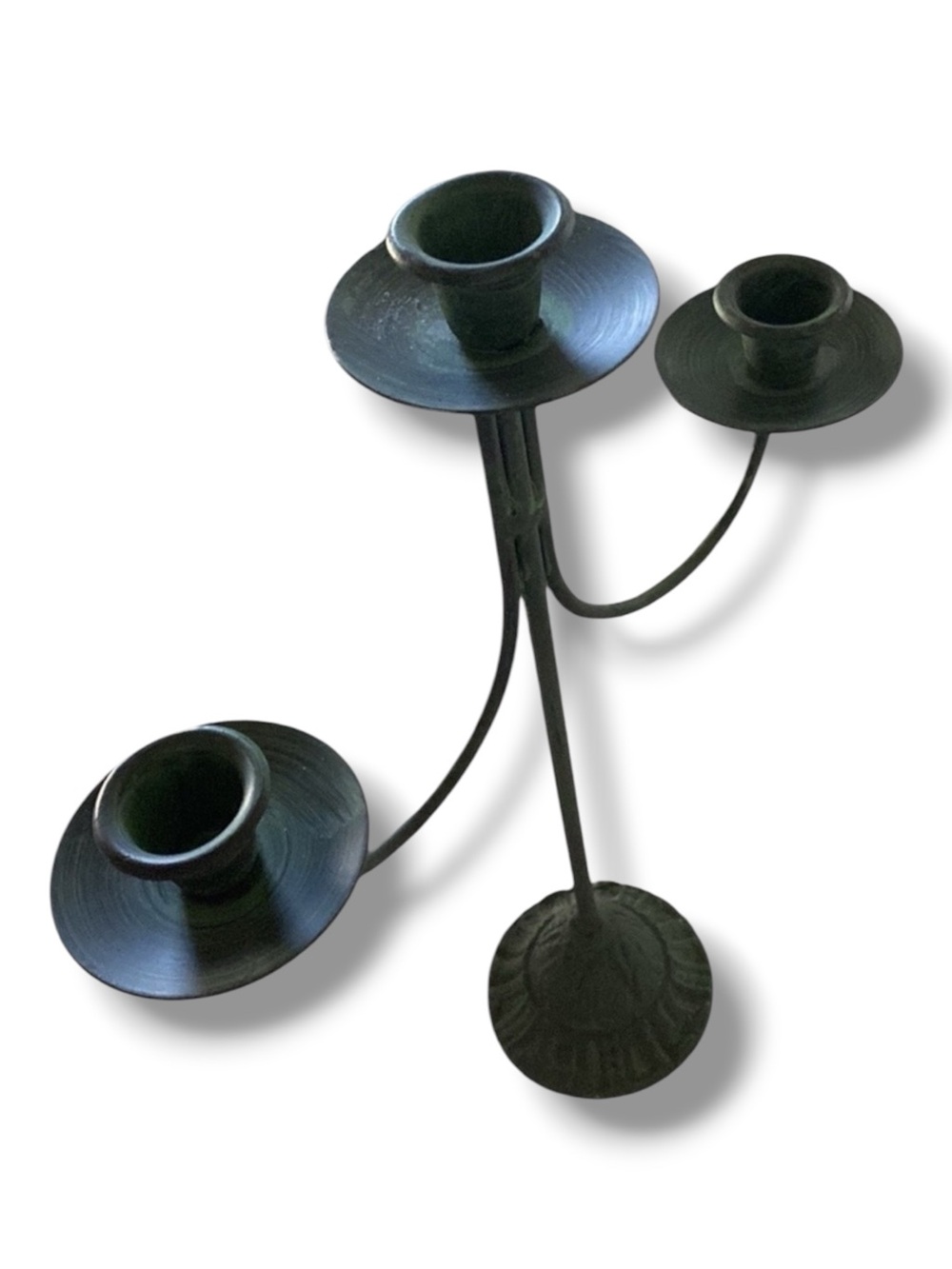 Vintage Brutalist Style Forged 3 Arm Candelabra Rustic Green